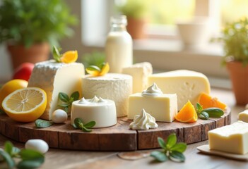 vibrant display soft creamy textures featuring fresh dairy products bright backgrounds enriching color compositions, butter, cheese, milk, yogurt, organic