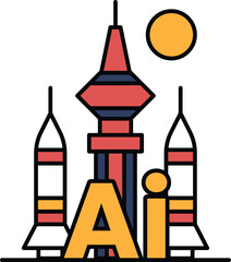 A city skyline with a red and white tower and a yellow sun in the background