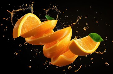 Orange juice splash with floating slices, dynamic fruit