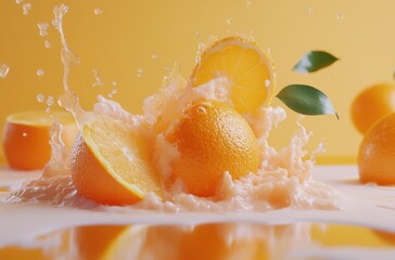 Orange juice splash with floating slices, dynamic fruit