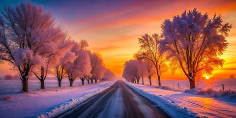 Winter Sunset Road: Frosted Trees & Deep Depth of Field Stock Photo