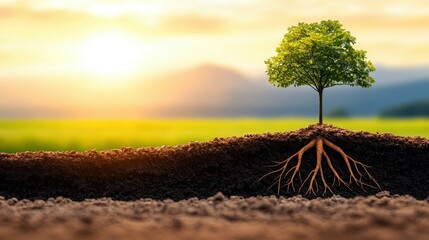 Resilience Growth Tree Roots in Soil with Early Morning Sunrise on Horizon Hope and New Beginnings