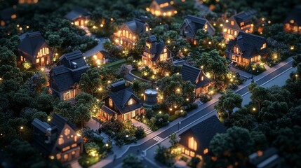 digital 3d isometric illustration of an illuminated modern eco-smart community