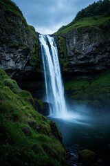 Obraz premium a close up of a waterfall with a green grass covered hillside