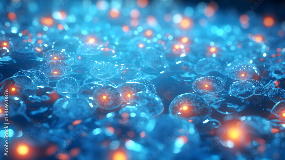Poster striking blue and orange background in a scientific abstract visualization of scalar particles and t