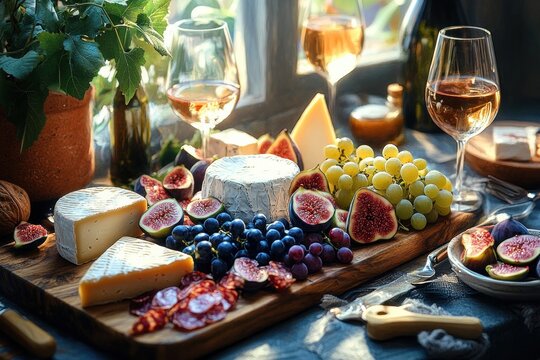 Cheese and Wine Gathering with Charcuterie Board and Glasses of Rose Wine