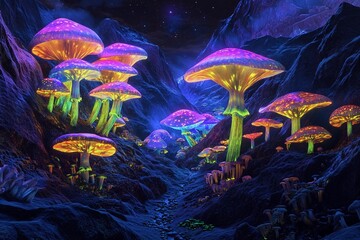 Vibrant glow of neon mushrooms under a starry night sky in a mystical forest landscape
