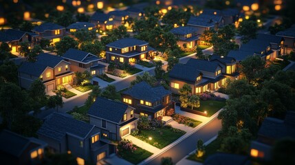 digital 3d illustration of an illuminated modern eco-smart residential community