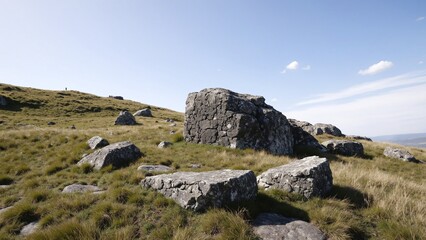 Fototapeta premium Grassland landscape is adorned with rocky formations highlighting juxtaposition of delicate grass and solid stone