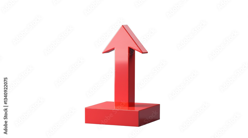 Poster red up arrow standing on red base showing growth on transparent background