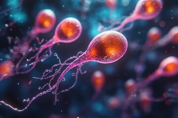 Detailed Illustration of Spermatozoa Swimming Towards an Ovum for Fertilization