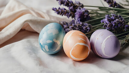 Delicate watercolor background with the image of Easter eggs and lavender flowers.