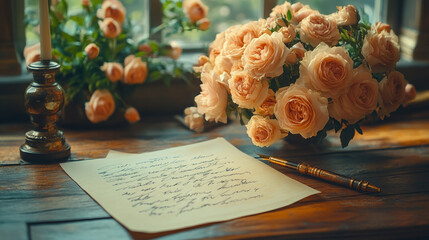 Romantic still life, letter and flowers on wooden table