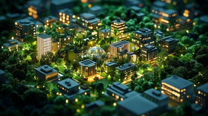 digital 3d isometric illustration of an illuminated eco-smart city at night