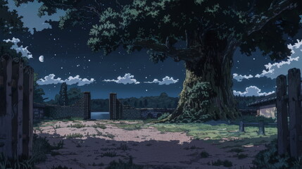 the shadowy silhouette under an oak tree at night, with a dark river visible in front