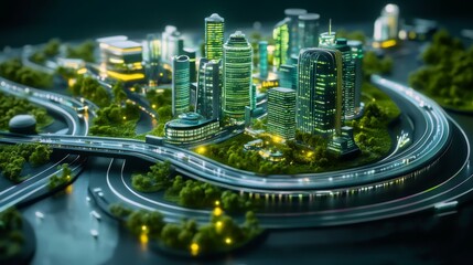 digital 3d isometric illustration of an illuminated futuristic eco-smart city