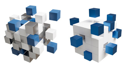 Blue Teamwork Blocks isolated on white backgound, communication concept, cube assembling from blocks, 3d render
