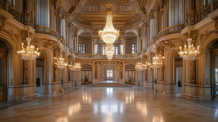 An elegant royal mansion with grand chandeliers and a massive ballroom --ar 16:9 --v 6.1 Job ID: fea9c64b-e2f9-48d9-aec1-659013f7ac79