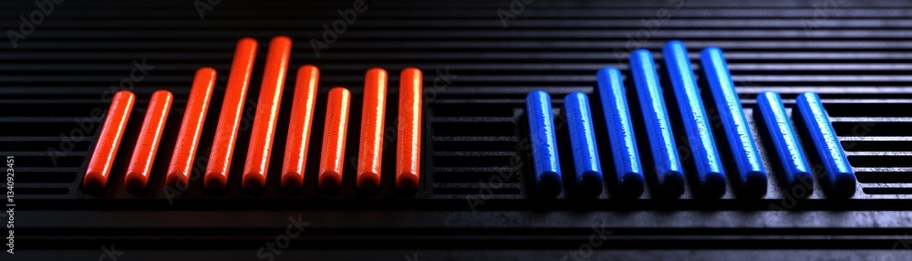 Poster red to blue data bars on black grate visualizing trends and patterns in information analysis