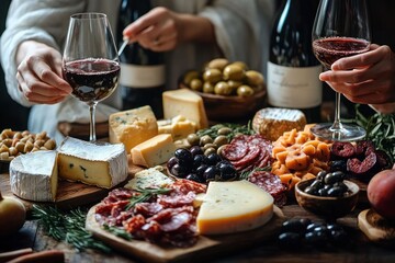 Wine Tasting Celebration with Cheese Fruits and Olives on a Rustic Table