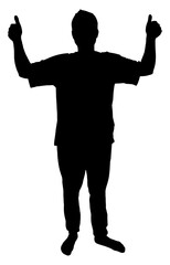 Full body silhouette of a young man gesturing thumbs up with both hands