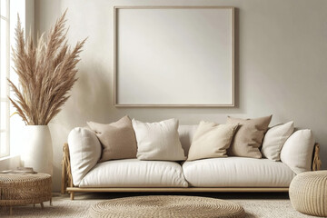 Modern Scandinavian Living Room with White Picture Frame Mockup Gallery Above Linen Sofa