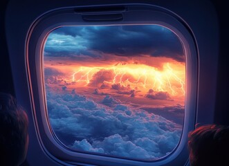 Fototapeta premium Dramatic Airplane Window View of Thunderstorm and Lightning
