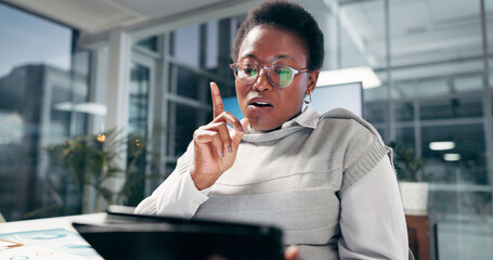 Thinking, business and black woman with tablet in office for solution, insight and eureka in...