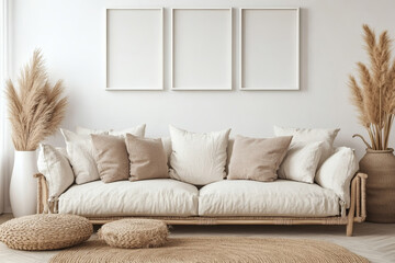 Modern Scandinavian Living Room with White Picture Frame Mockup Gallery Above Linen Sofa