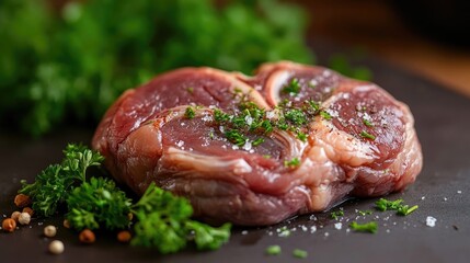 Lamb Kidney Grill: Close-up Macro of Lamb Kidney with Parsley in Kitchen Studio