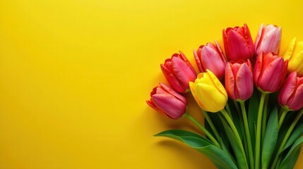 Vibrant Spring Bouquet of Tulips on Sunny Yellow Background, Perfect for Festive Greeting Cards and Springtime Celebrations