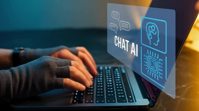 Futuristic Businessman Interacting with AI Chatbot: OpenAI powered intelligent virtual assistant, seamless online communication, innovative           