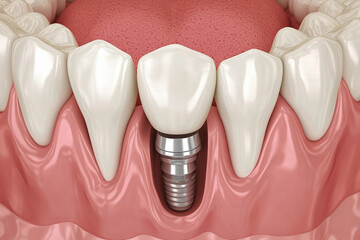 Dental implants displayed in a model of a human jaw demonstrating oral health and restoration procedures