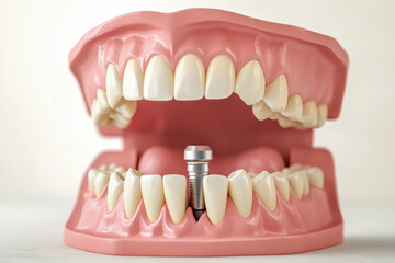 Obraz premium Dental implants displayed in a model of a human jaw demonstrating oral health and restoration procedures