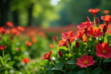 Obraz premium Vibrant red flowers blossoming in a lush green garden bathed in sunlight, creating a captivating natural scene of springtime beauty and serenity.