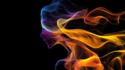 Fototapeta premium Abstract representation of a woman s profile, created with colorful smoke effects, symbolizing creativity and emotional depth, featuring vibrant shades of orange and blue