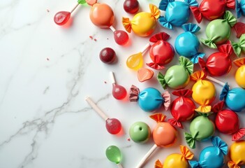 Obraz premium vibrant candy flat lay display featuring colorful distinct sweet variety treats arranged aesthetically, arrangement, background, bakery, blast, bright