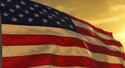 American flag waving against a golden sunset