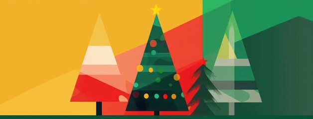 festive minimalist Christmas art with decorated Christmas tree and colorful geometric shapes background