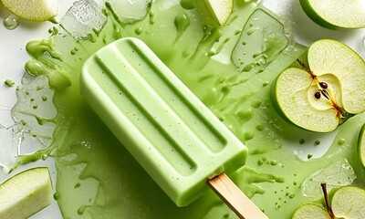 A green popsicle melting onto a white surface surrounded by sliced green apples and ice. - Powered by Adobe