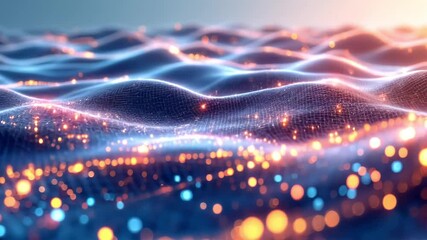 A metallic wireframe landscape rises and falls like waves illuminated by glowing circuits and energy pulses traveling through the grid lines. Starlings high-resolution abstract animation video footage