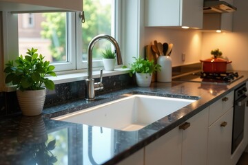 Fototapeta premium Modern Kitchen Sink Design with Sleek Faucet and Granite Countertops