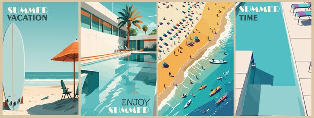 Set of summer vacation posters in retro style with pool, sea beach, palm trees. Colorful vector art illustrations