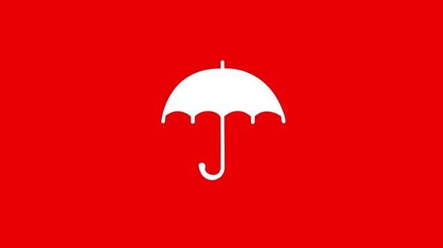 Blank white opened umbrella mockup stand, 4k video, 3d rendering. Empty raining protective gingham mock up, isolated on Red background. Clear sunshade dome or canopy template.