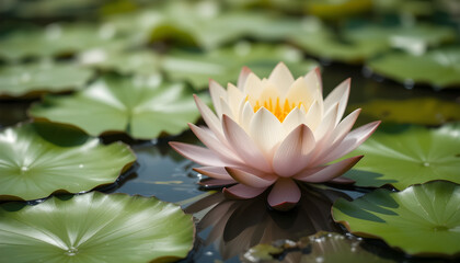 Serene water lily blooming on a calm pond surrounded by lush green lily pads, capturing the tranquility and beauty of nature