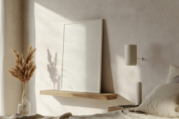 Nordic-Inspired Bedroom with Floating Wooden Shelf and White Picture Frame Mockup