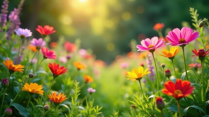 Vibrant Wildflower Meadow Basking in Golden Sunlight A Symphony of Colors and Delicate Petals in a Lush Green Field