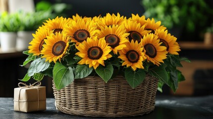 Obraz premium Bright and cheerful arrangement of sunflowers in a woven basket, perfect for bringing joy and warmth to any setting.