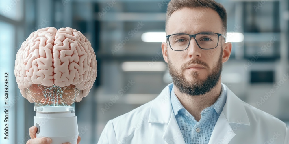 Poster science performance innovation assessment concept. scientist holding a brain model in a lab setting.