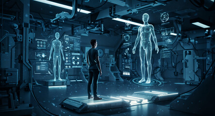Futuristic analyzing body on an interactive holographic display. Digital Twin Simulation. High-tech study personalized health person. Future of biomedicine, diagnostic. Healthcare, advanced tech